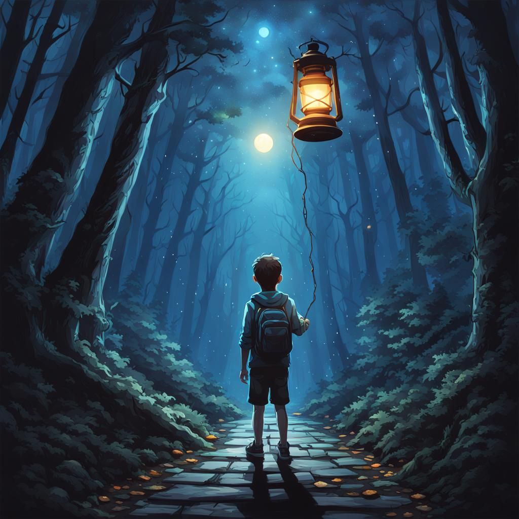 Boy with Lantern on Dark Forest Path