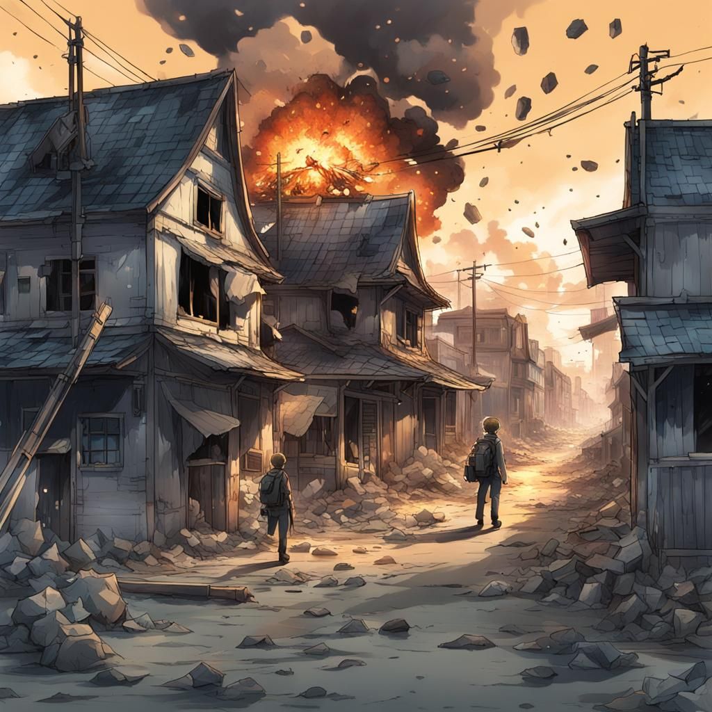 Anime-Style Abandoned Town Under Attack