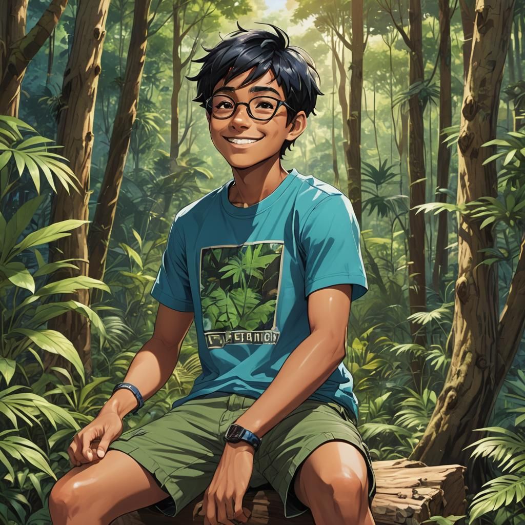 Anime Teen in Forest with Earth Background