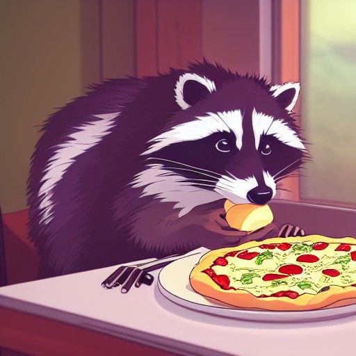 Raccoon Eating Pizza in Studio Ghibli Style
