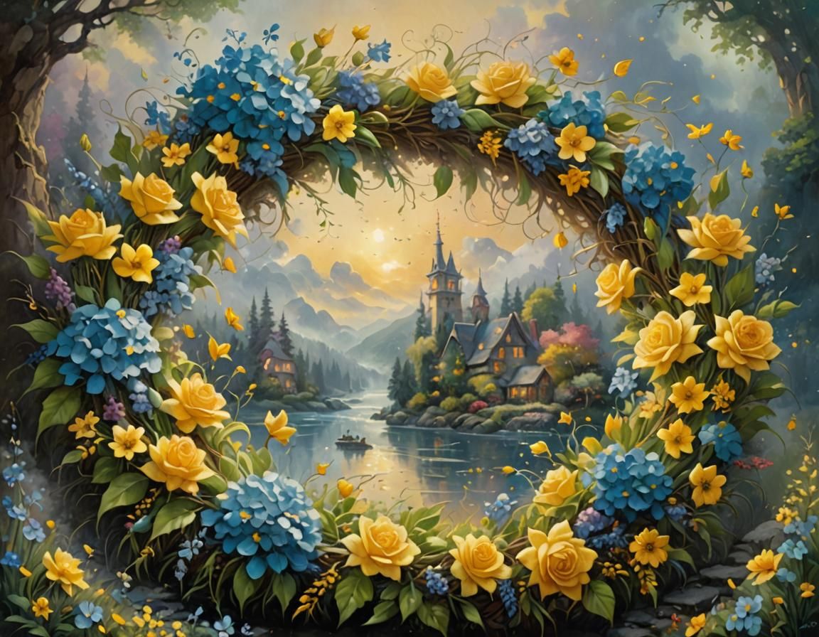 Floral Wreath in Ethereal Mixed Media Style