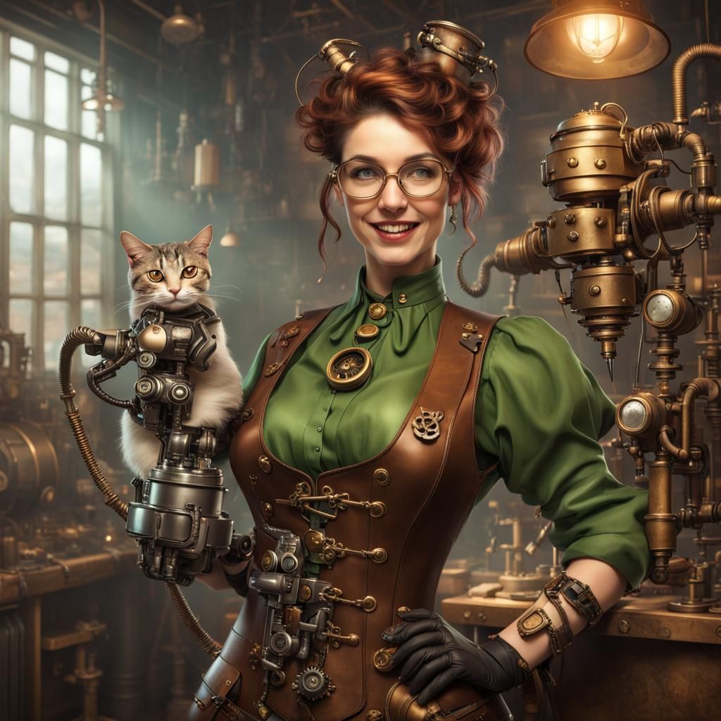 Steampunk Artificer with Mechanical Lamp and Cat