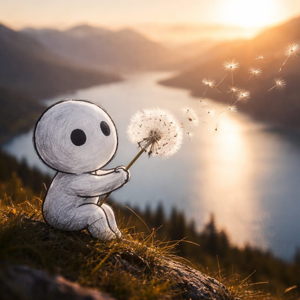 Chibi Spirit Blowing Dandelion Seeds on Hilltop