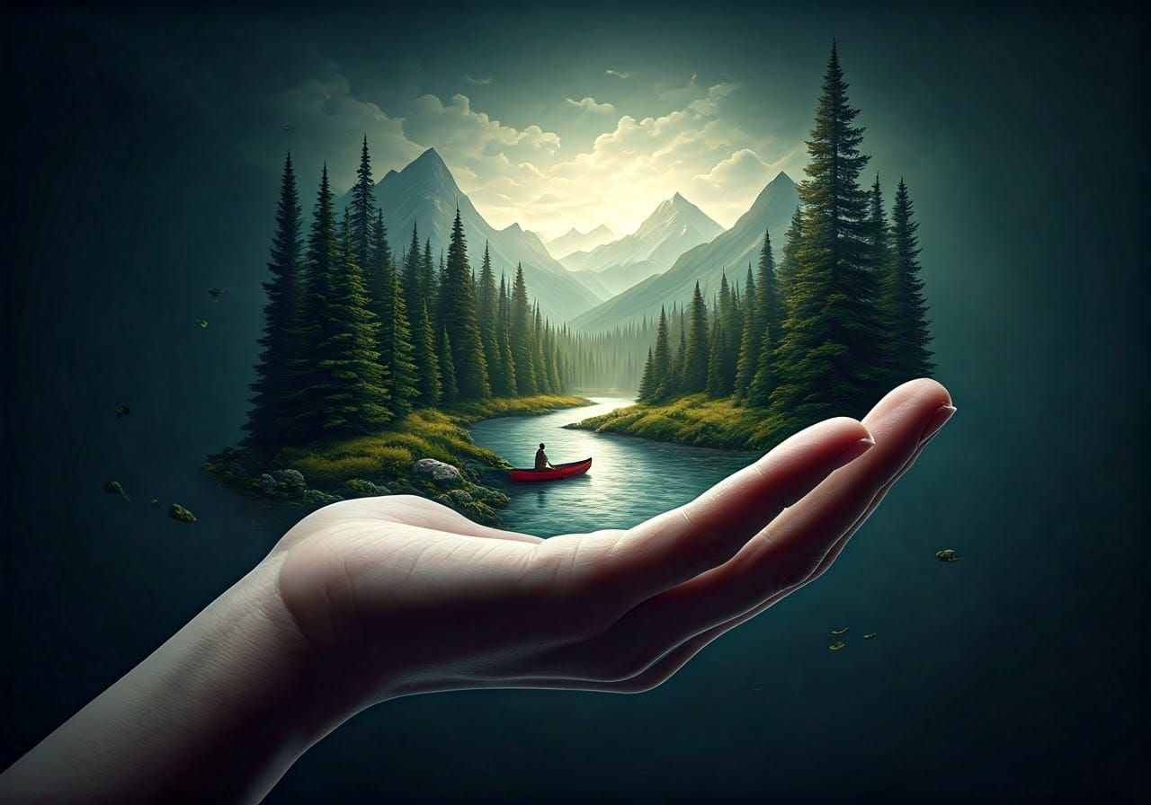 Oversized Hand Cradles Miniature Winding River Landscape in ...