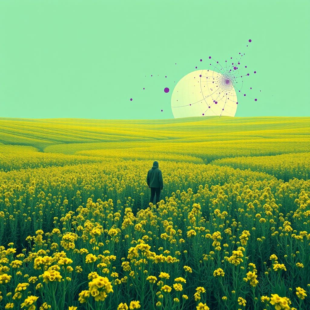 Desolate Goldenrod Field with Abstract Fractal Patterns