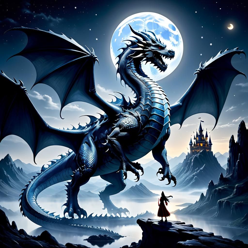 Dragon and Queen in Moonlit Fantasy Landscape