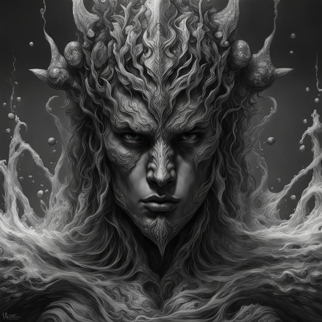 Fierce Water Elemental Portrait in Black and White
