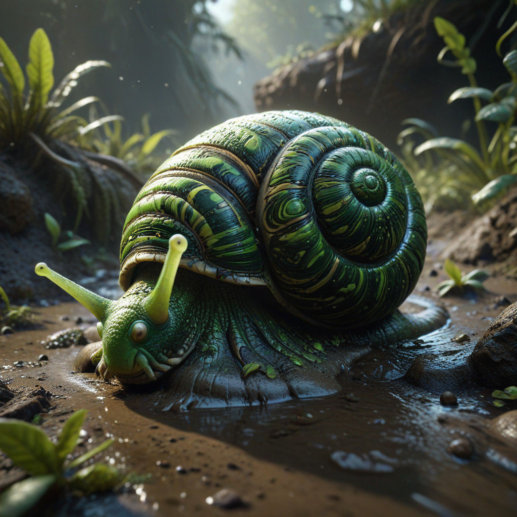 Fantastical Green Snail in Tiger's Footprint