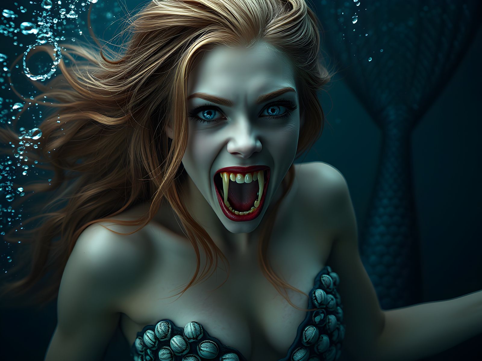 Scary Mermaid with Demon Teeth in Deep Sea