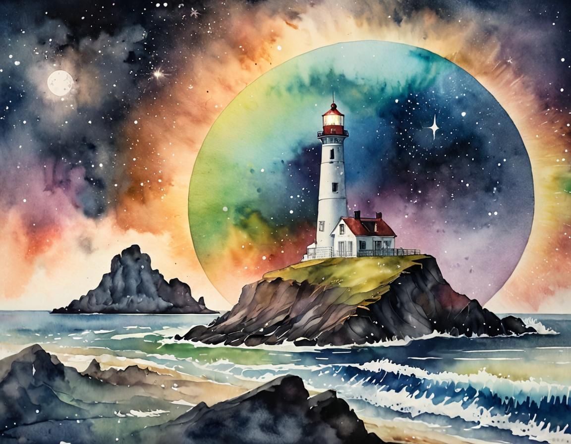 Moonlit Lighthouse with Rainbow Nebulas in Watercolor