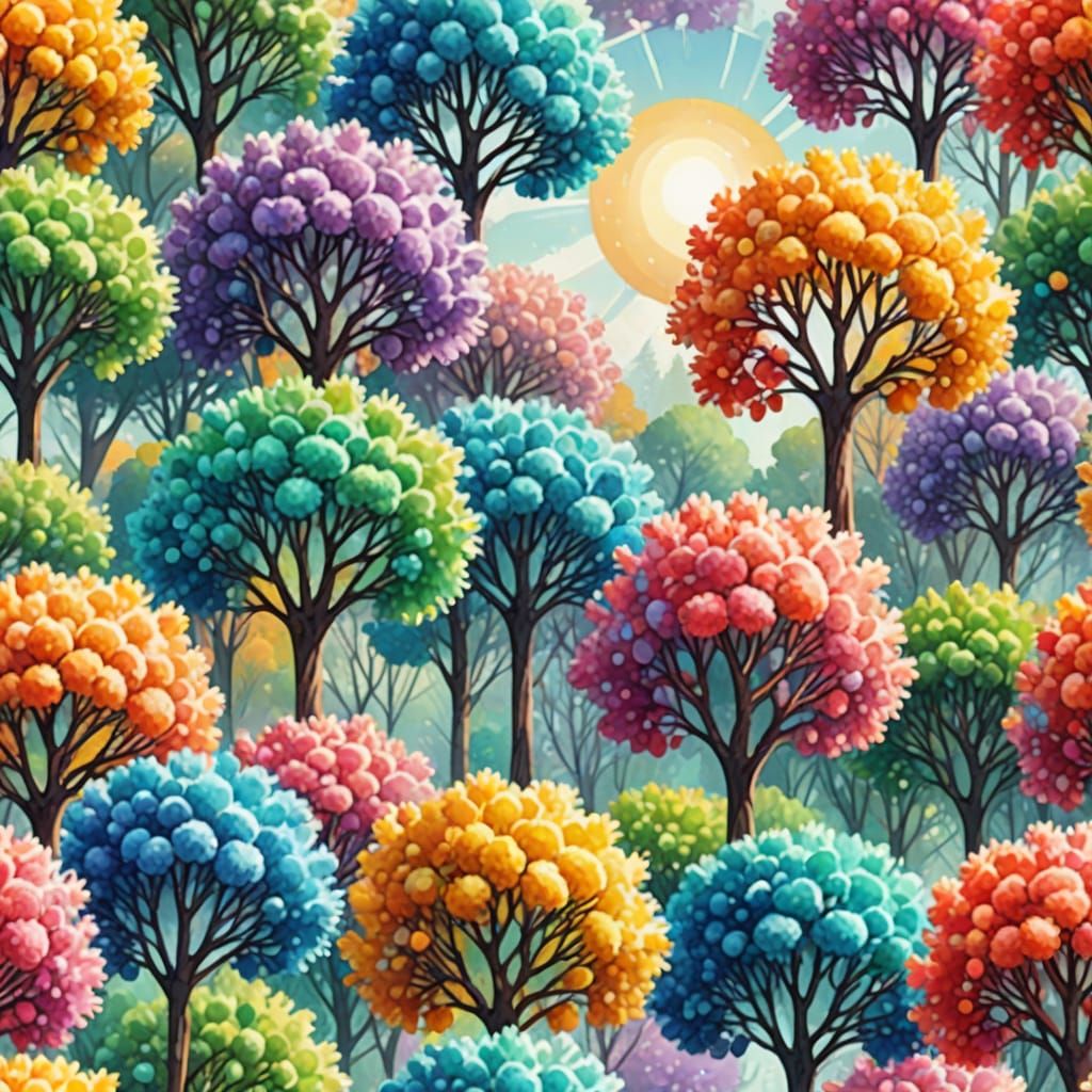 Colorful Rainbow Pom Pom Trees in Watercolor Style