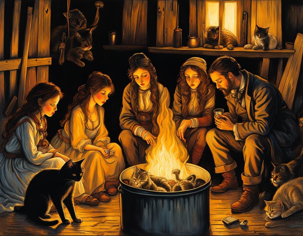 Tramps warming up by a fire in a metal trash bin at night #2