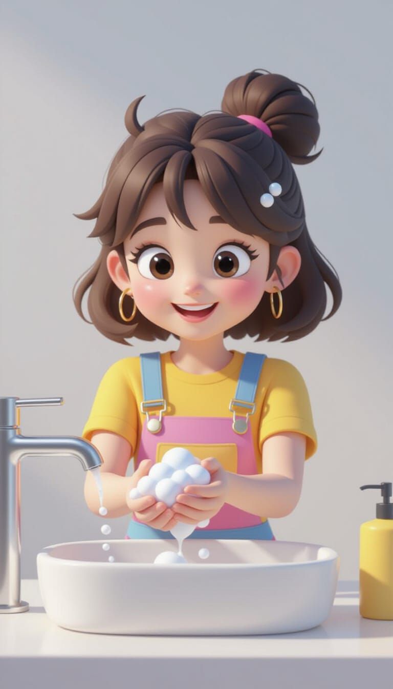 3D Girl Washing Hands in Pixar Style