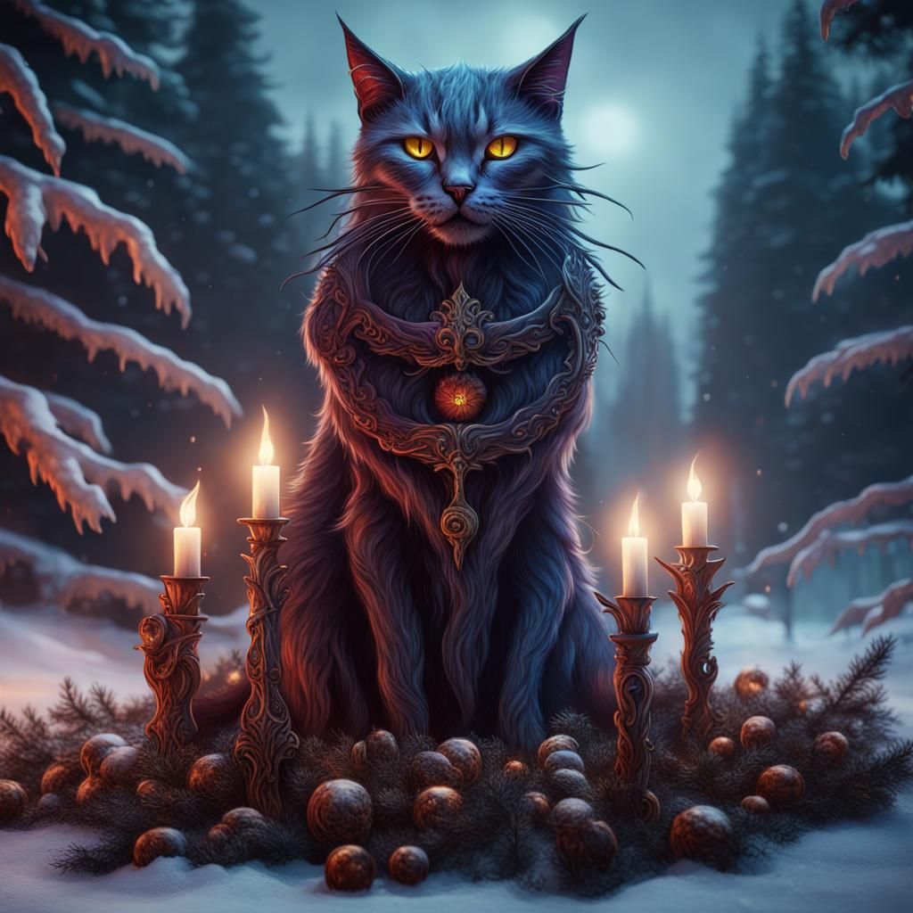 Eldritch Yule Cat: Detailed Fantasy Art