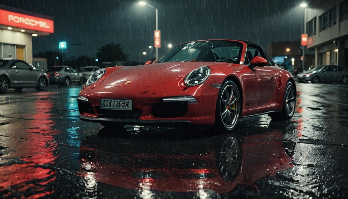 Red Porsche 911 Targa in Rainy Neon Lit Parking Lot