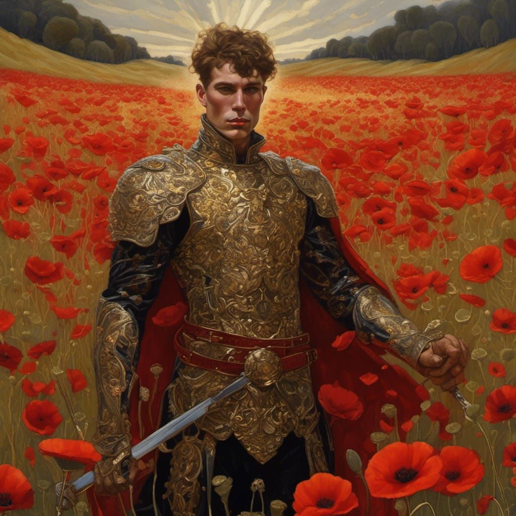Masculine Warrior in Poppy Field, Symbolism Art