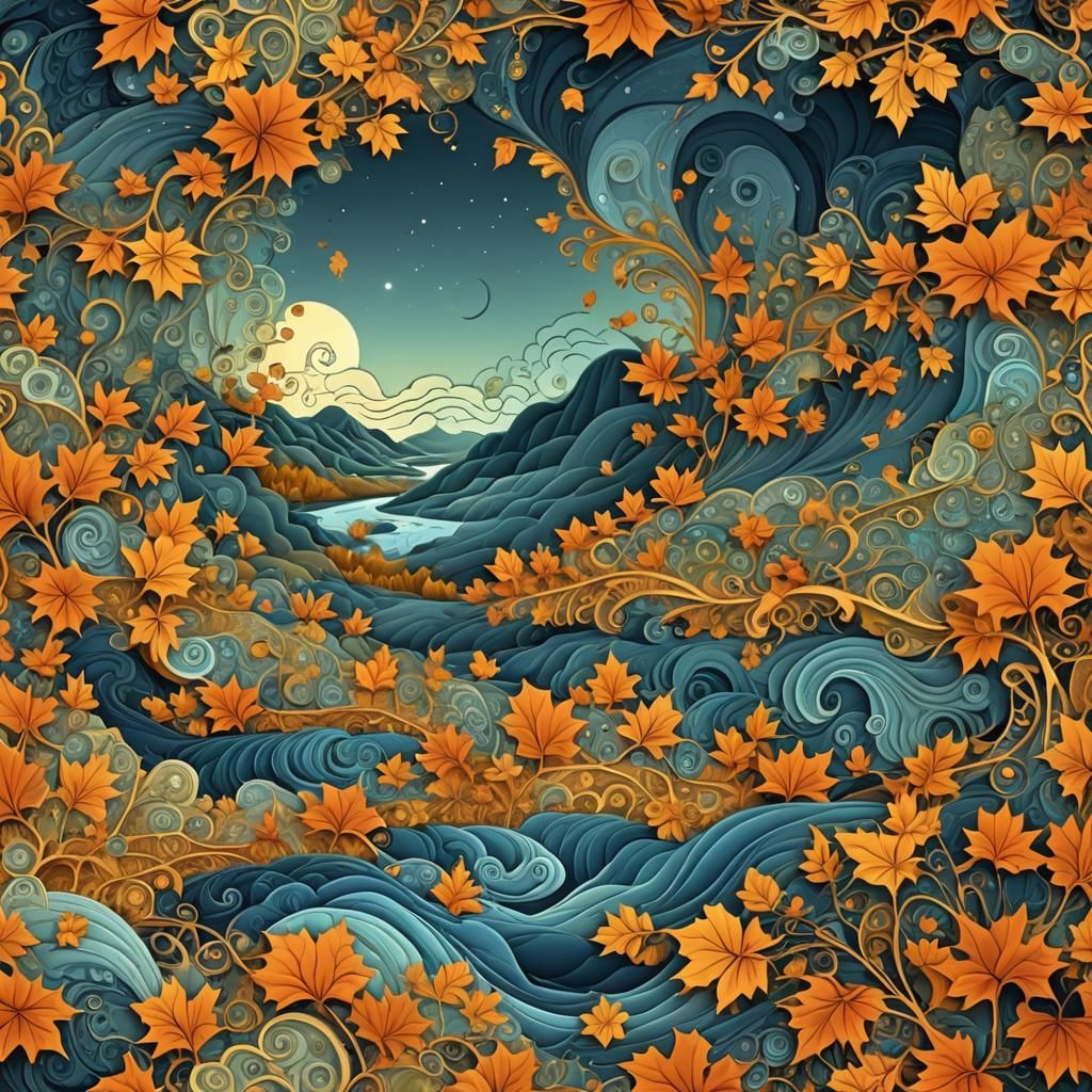 Abstract River Scene with Pumpkin Flowers