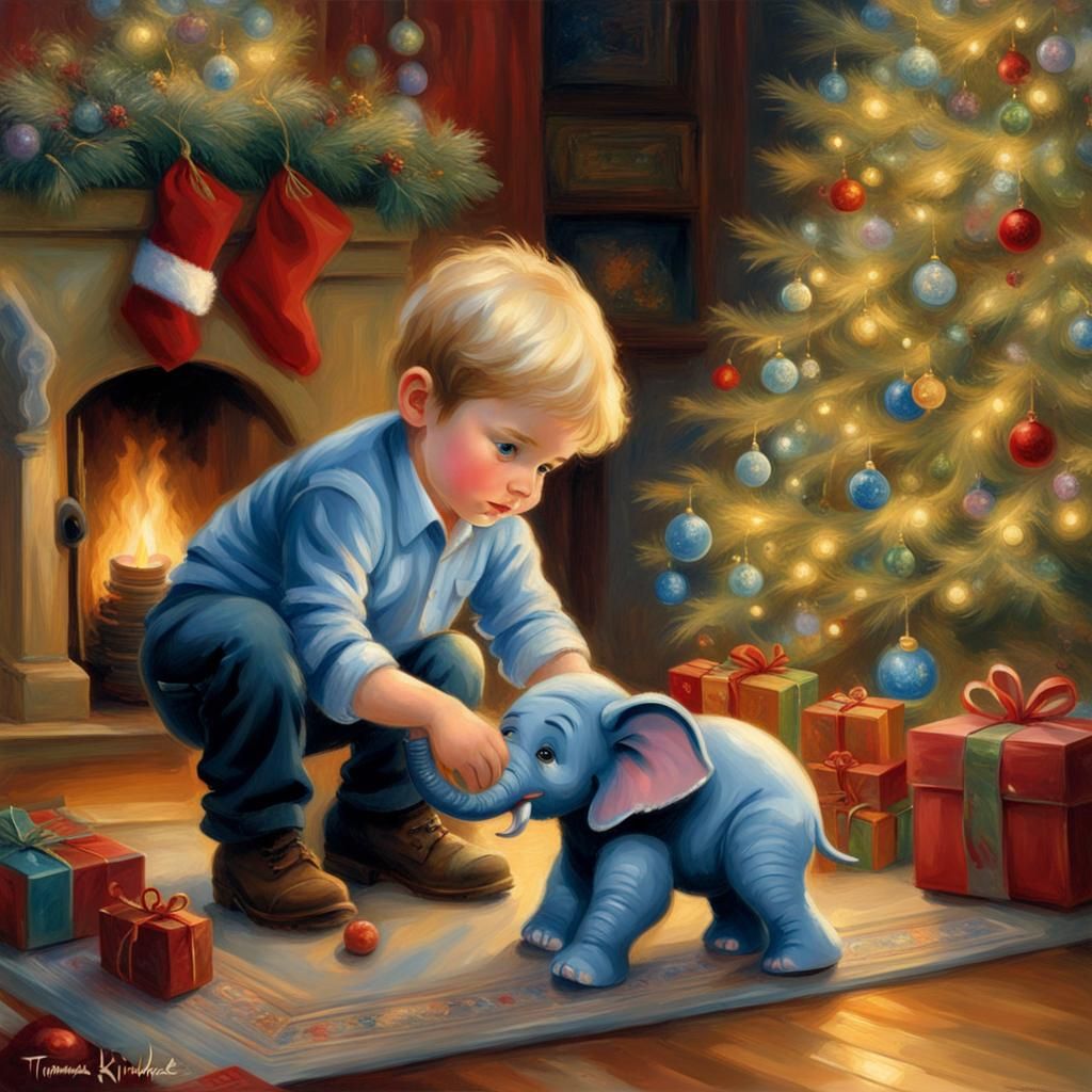 Boy and Toy Elephant in Kinkade Style