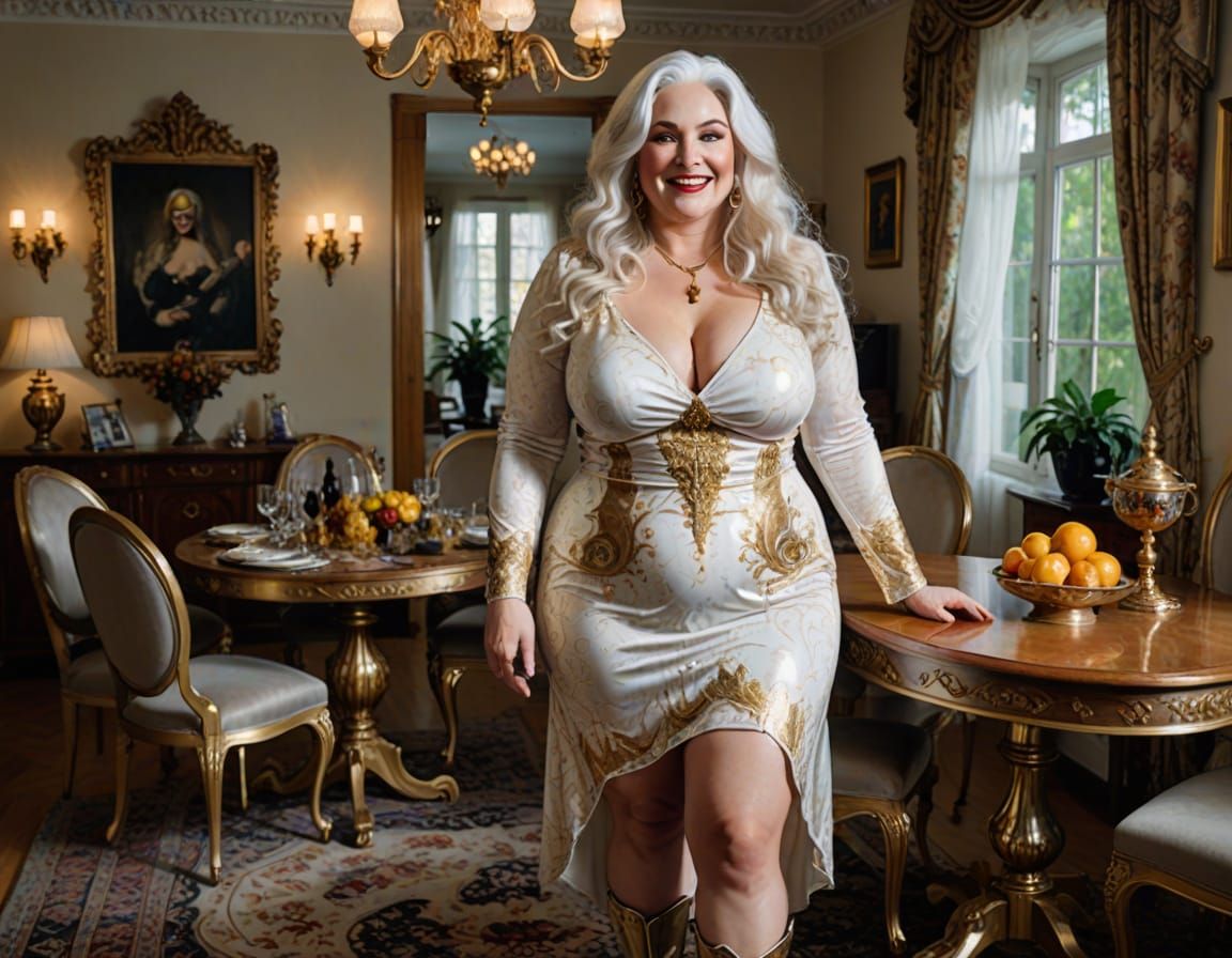 Psychedelic Oil Portrait of Woman in Gold Dress