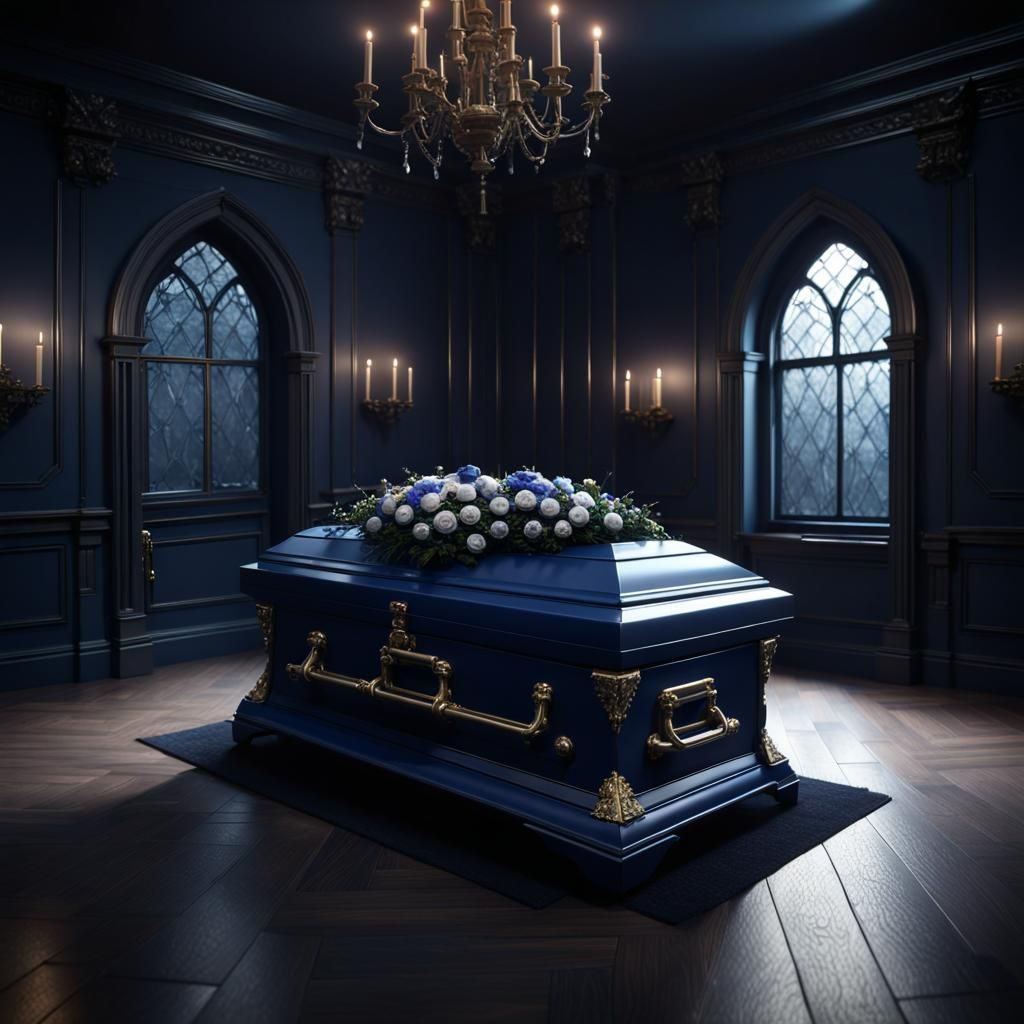 Funeral in Dark Room with Blue Casket