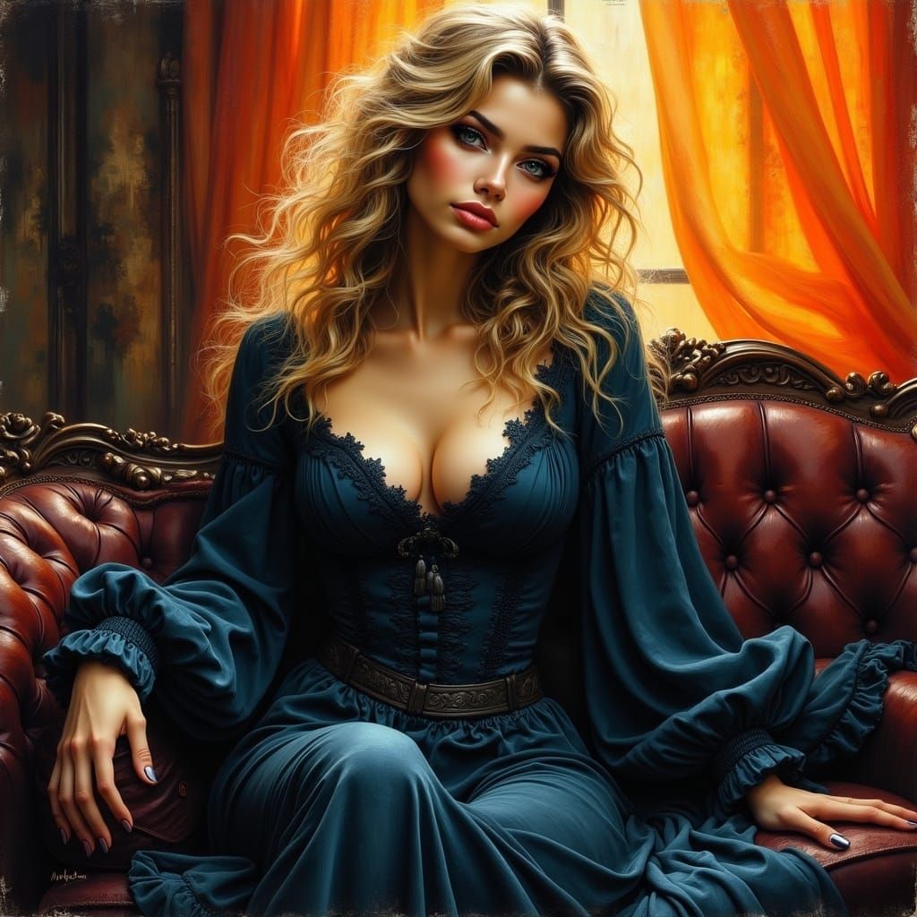 Gothic Romantic Woman in Warm, Moody Atmosphere with Chiaros...