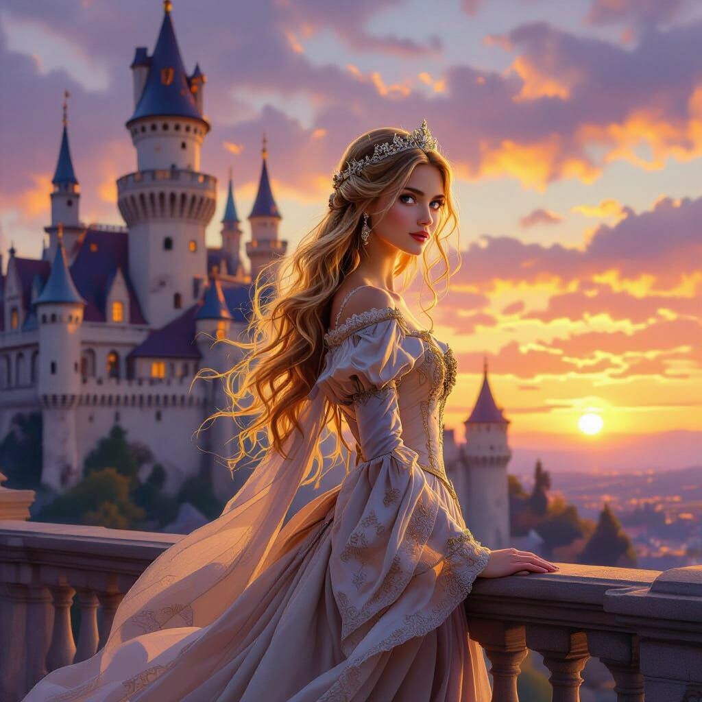 Sunset Castle Scene with Elegant Princess