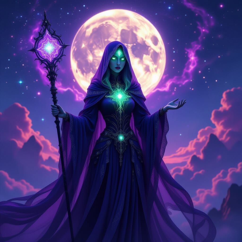 Gothic Ghost Amidst Celestial Worlds with Glowing Third Eye