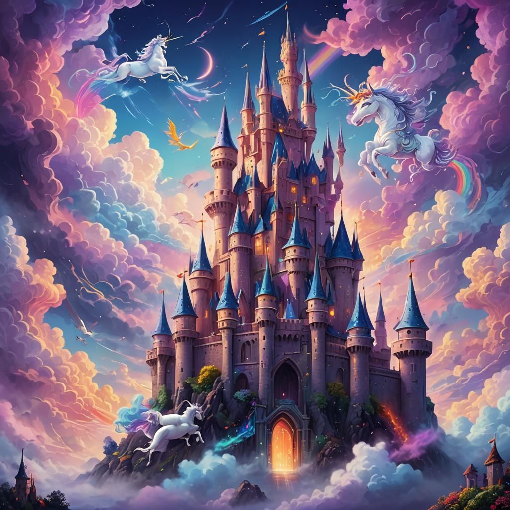 Colorful Sky Castle with Unicorns: Surreal Art Deco