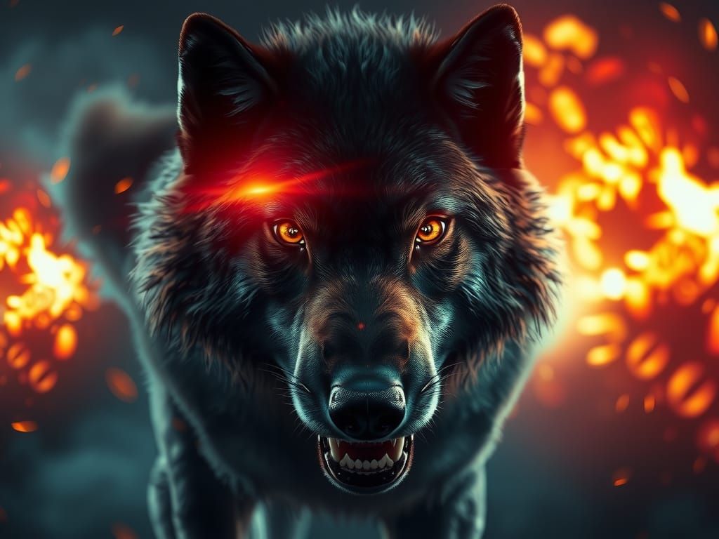 Ferocious Wolf with Fiery Gaze and Lens Flares