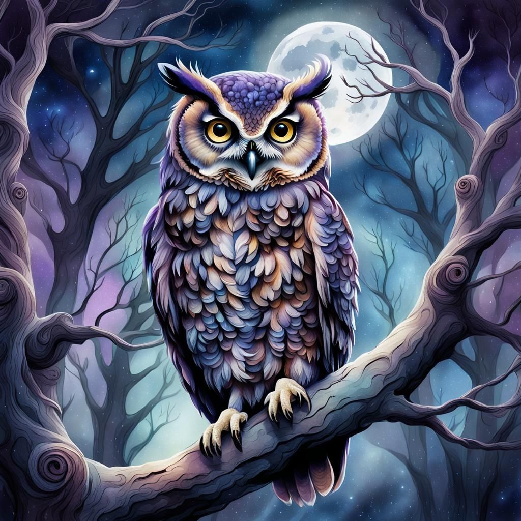 Watercolor Owl Perched in Moonlit Forest