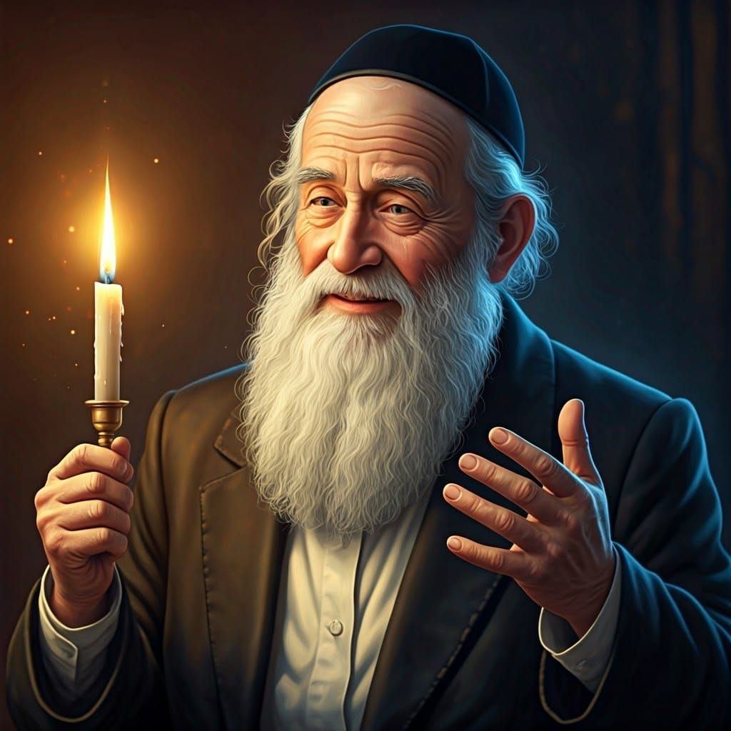 Ancient Hasidic Jew Lights Menorah with Exuberance and Wonde...