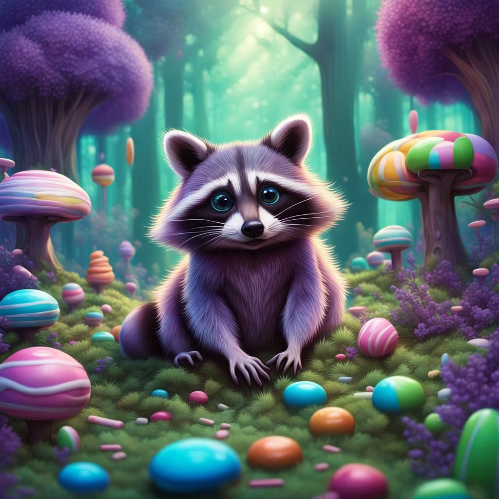 Raccoon in Whimsical Forest: Candy Art