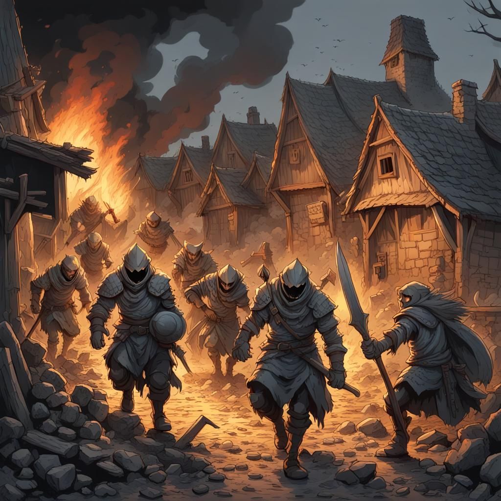 Goblins Raid Village in Dark Fantasy Style