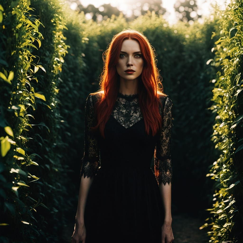 Crimson Haired Woman in Gothic Dress in Maze