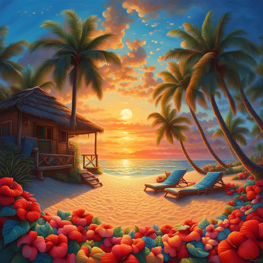 Tropical Sunset Quilt: Hyperdetailed Fantasy Art