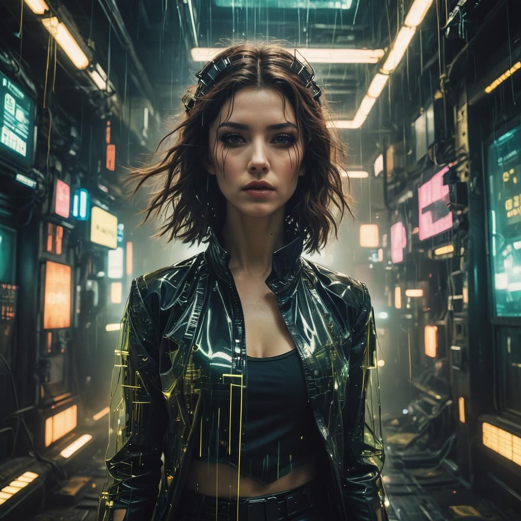 Woman in Matrix: Double Exposure Cyberpunk Art
