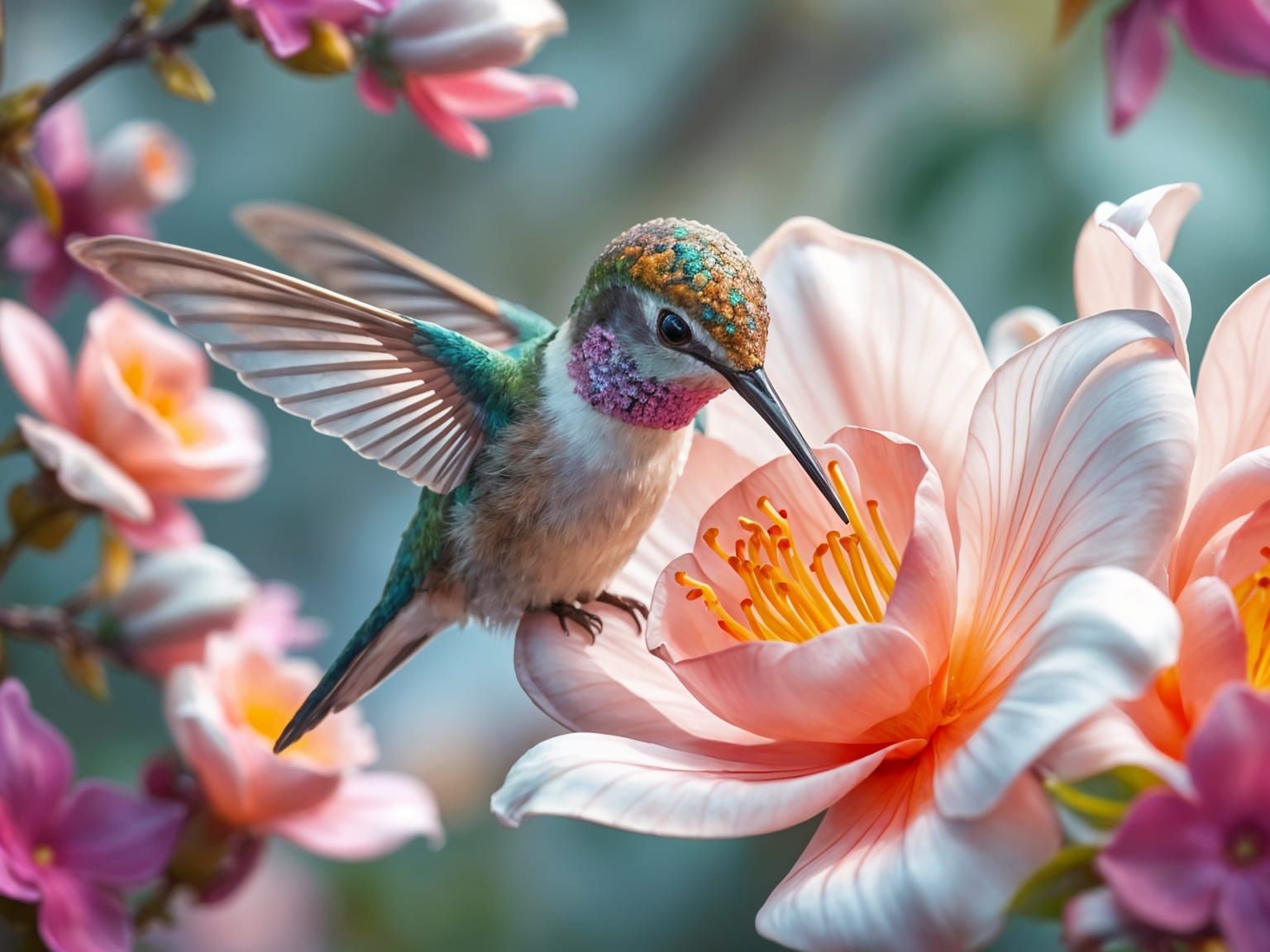 Pastel Hummingbird in Enchanted Forest, Macro Photography