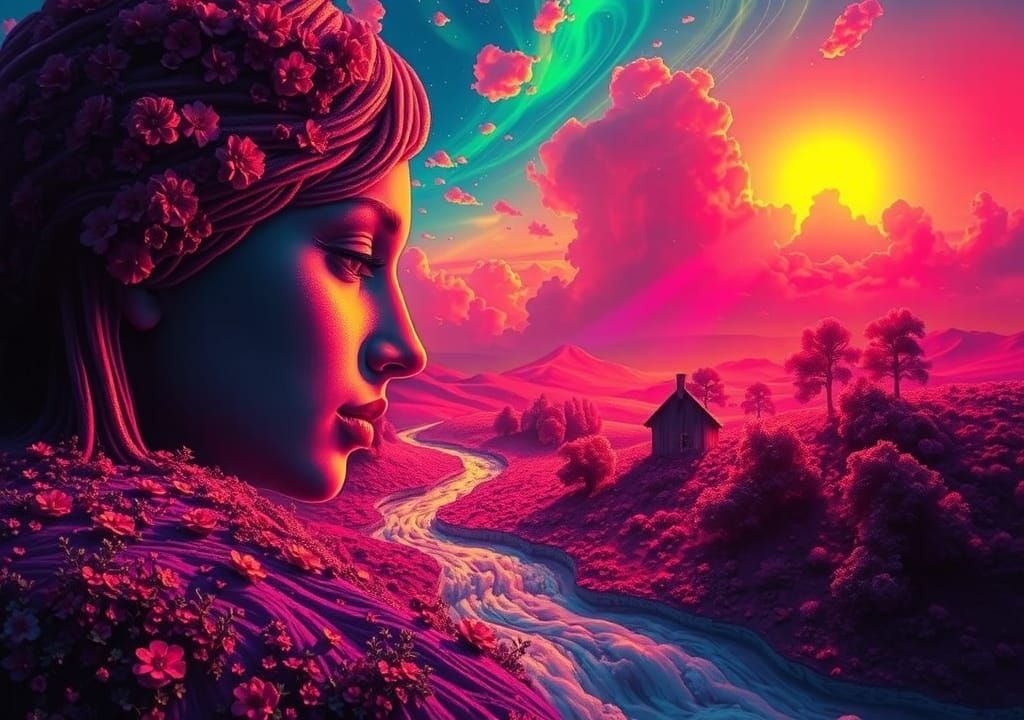 Fluorescent Surreal Art: Magical Landscape in Vivid Colors