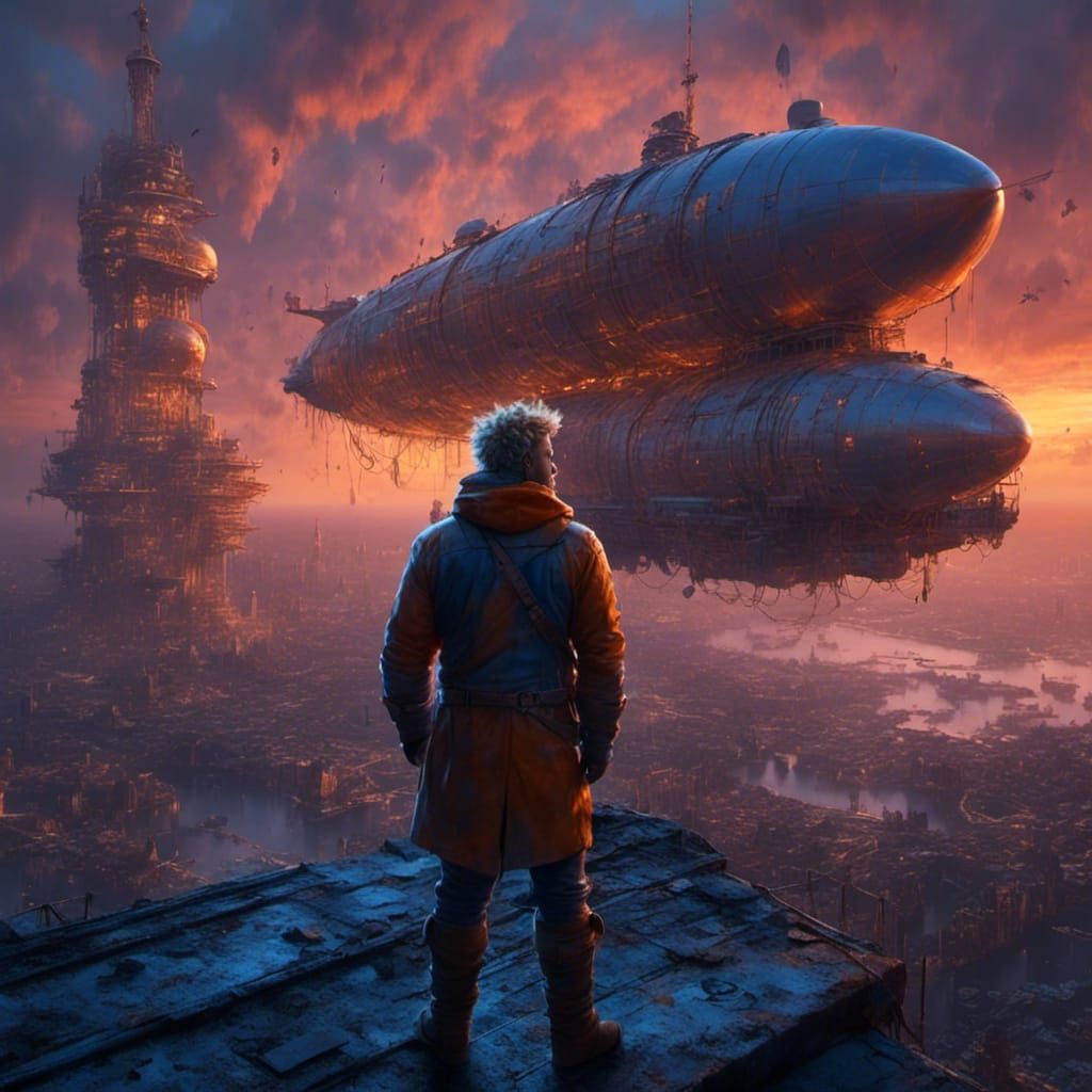 Airship Pilot Docking at Golden Hour, Art Nouveau Style