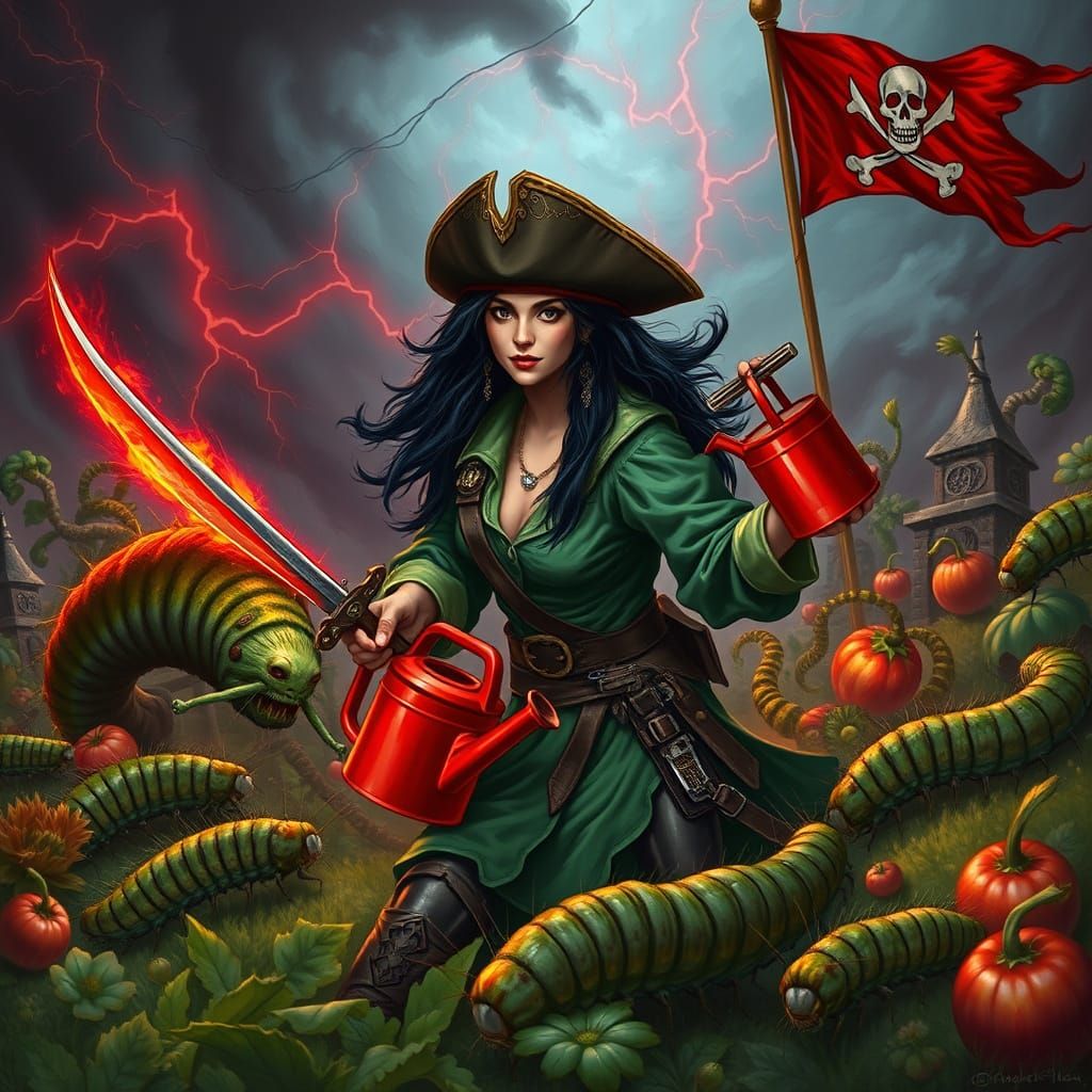 Pirate Gardener Battles Caterpillars Under Red Lightning
