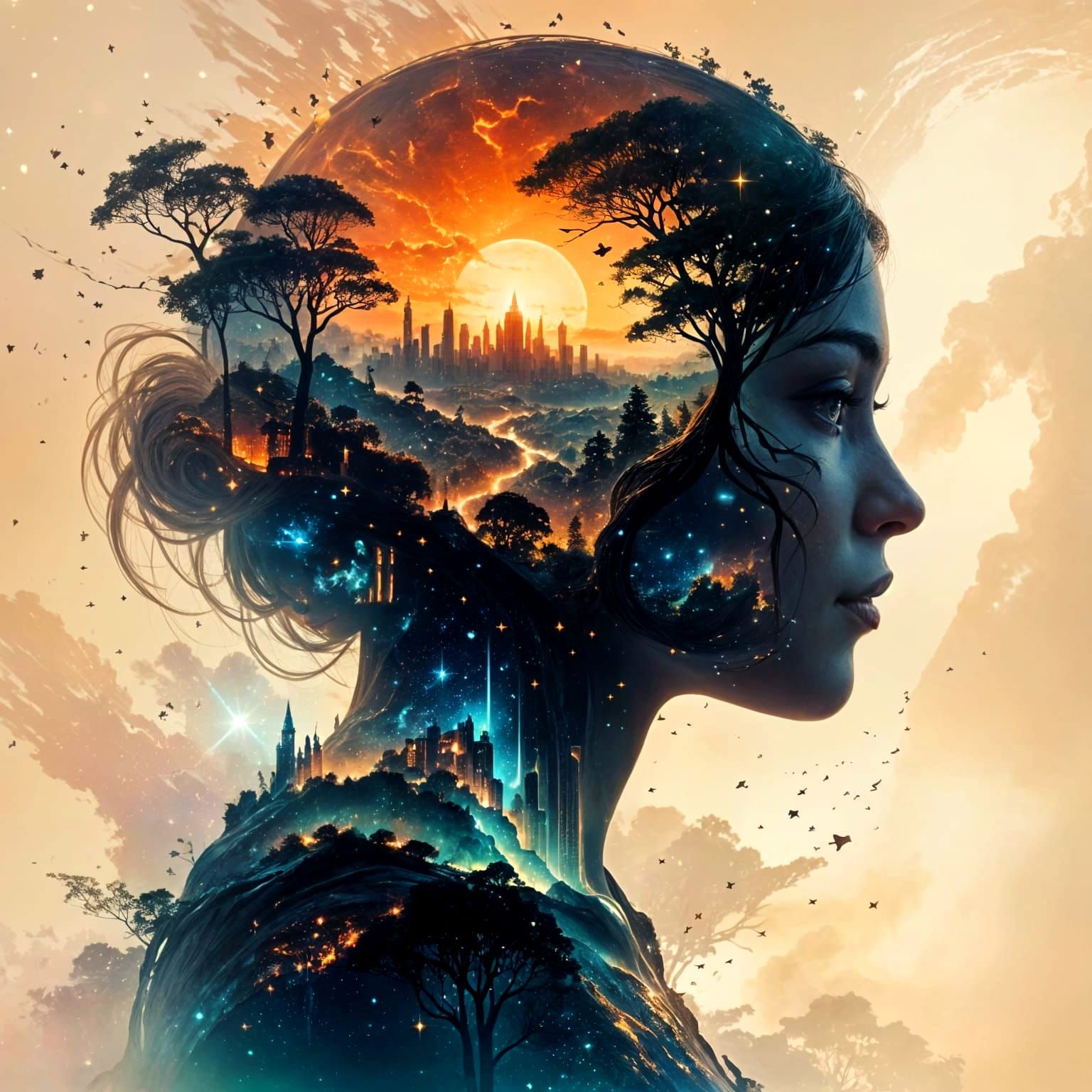 Galactic Princess Amidst Whimsical Landscape