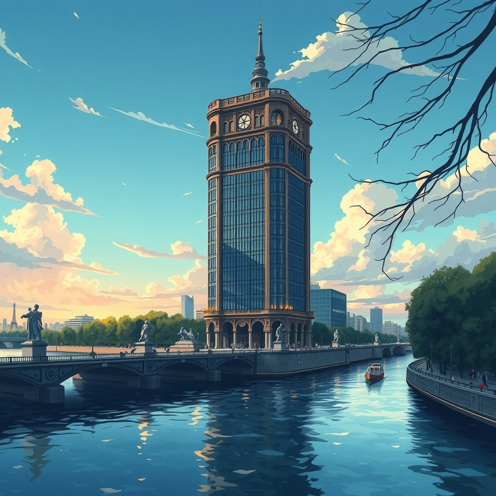 Anime Baroque Skyscraper on The Seine in 4K