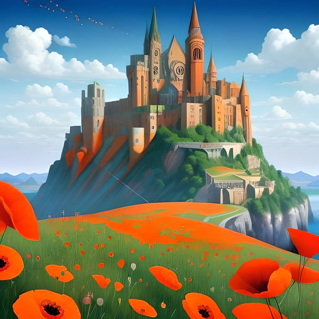 Surreal Poppy Field with Gothic Buildings