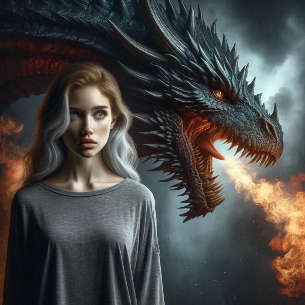 Girl and Dragon in Tender Moment