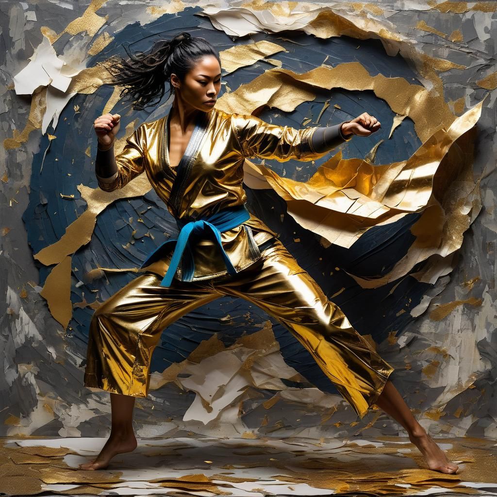 Gilded Martial Artist in Mixed Media Art