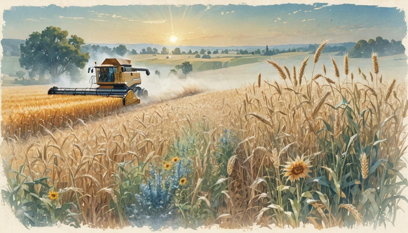 Dreamlike Harvest: Combine in Golden Wheat Fields