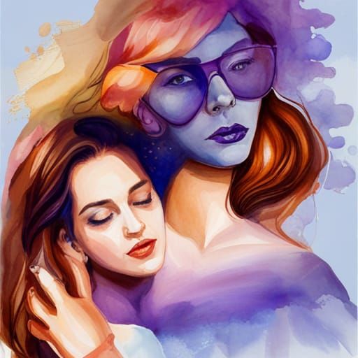 Watercolor Splash Art: Two Women Cuddling