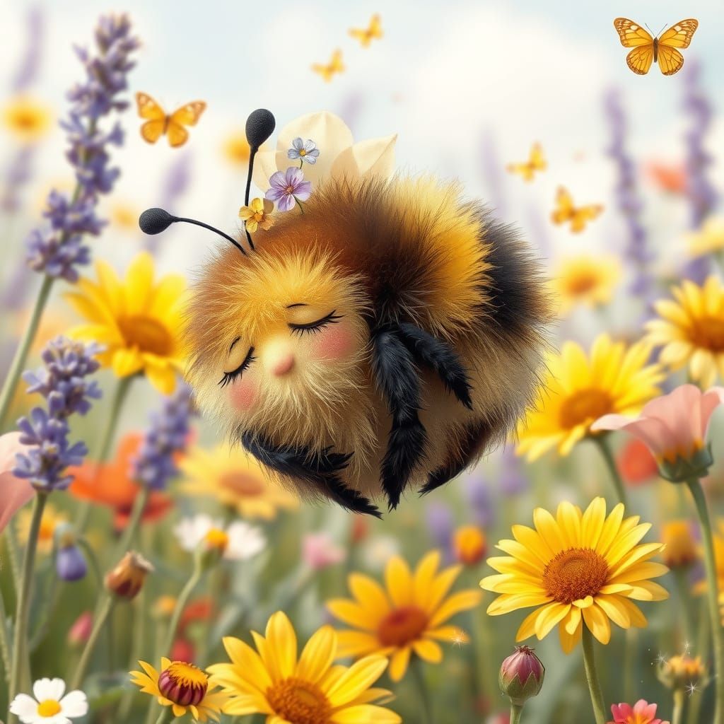 Sleepy Bumblebee in Sun-Drenched Flower Meadow