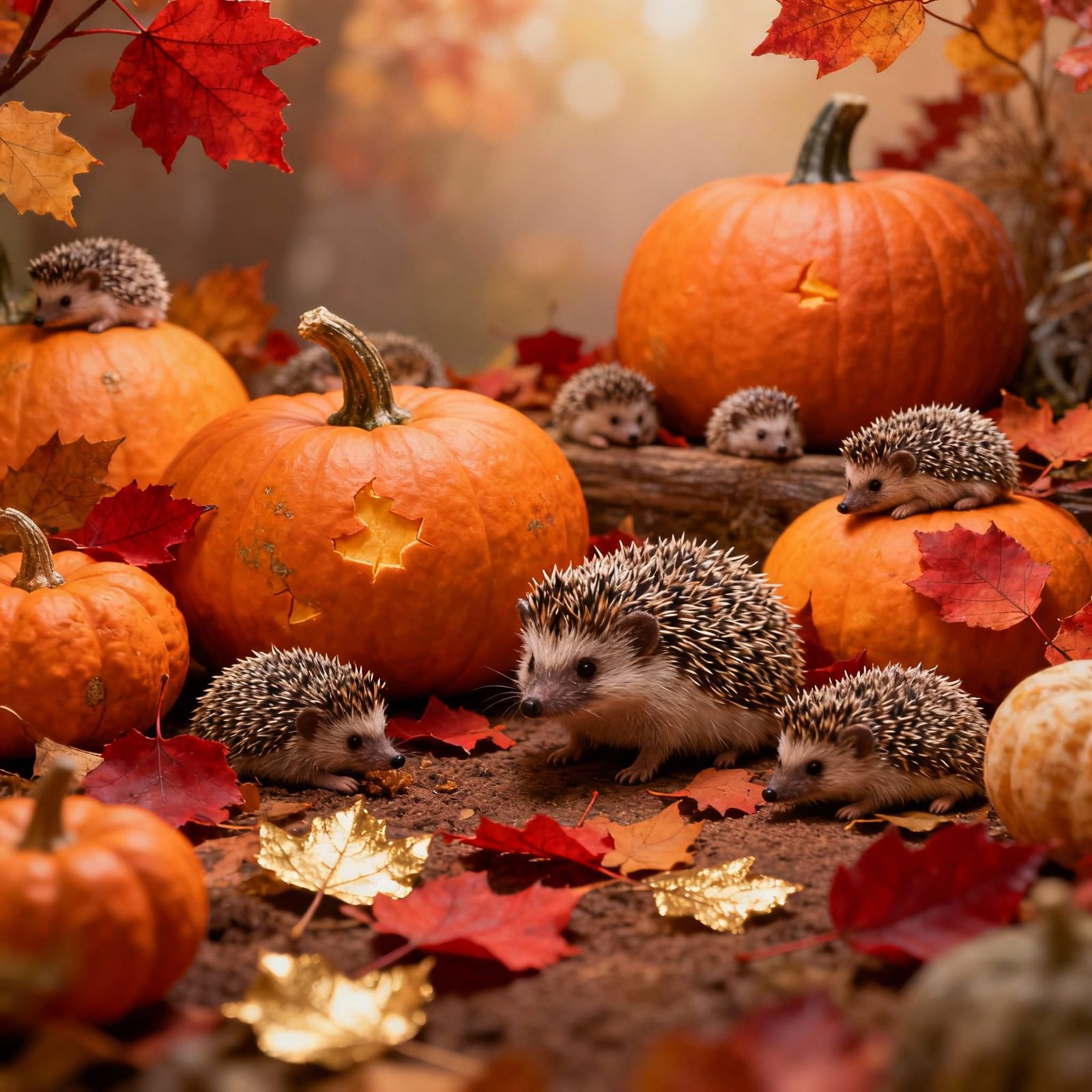 Tiny Hedgehogs in Autumn Diorama with Pumpkins