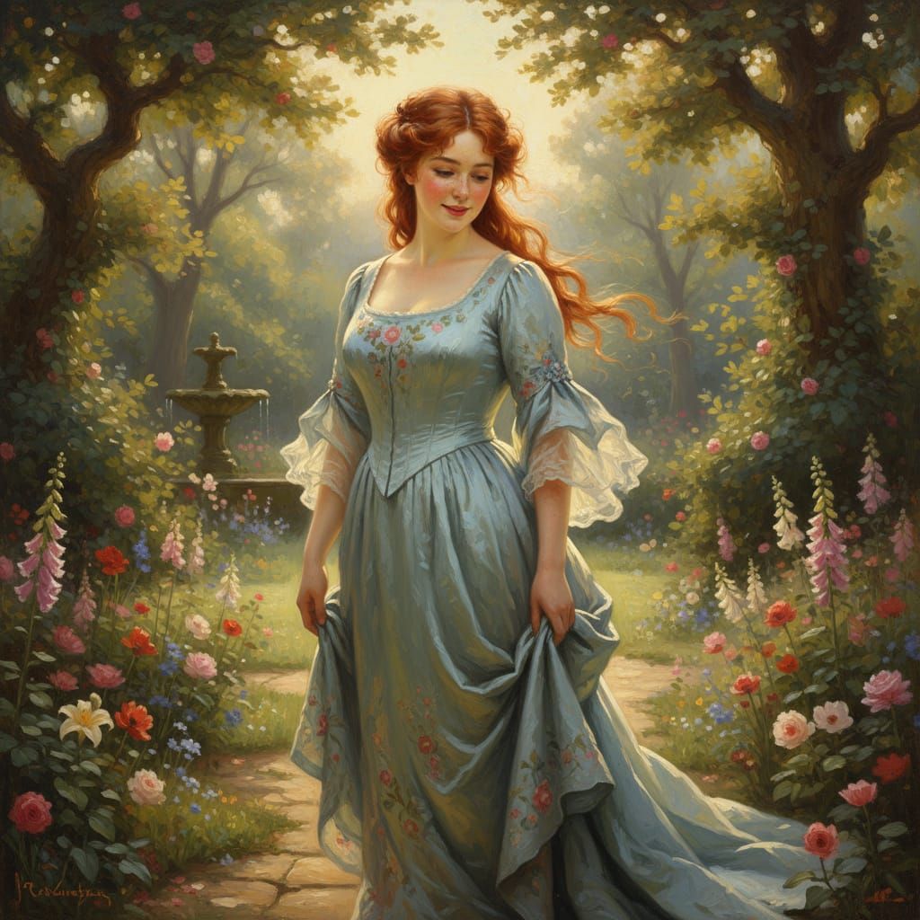 Victorian Woman in Garden, Oil on Canvas Style